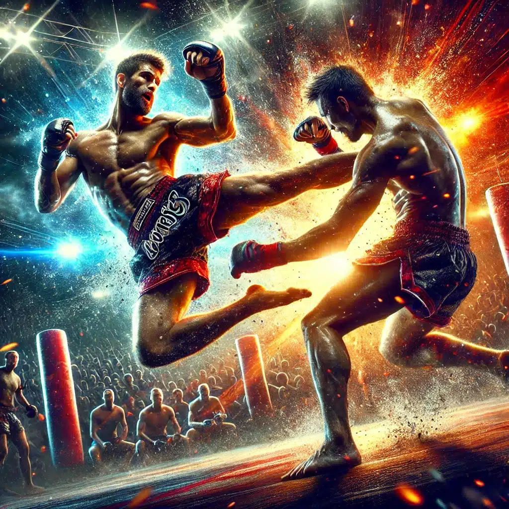 DALL·E A highly dynamic action packed and realistic square image of Muay Thai fighters engaged in an intense fierce battle The scene captures explosive e